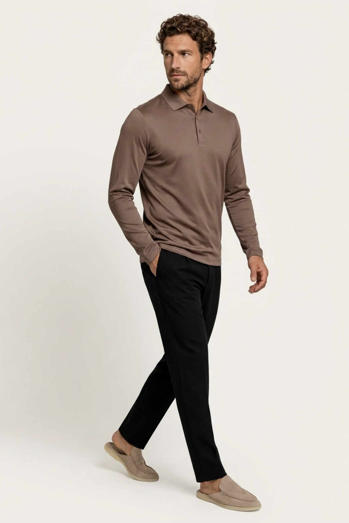 Taupe Long Sleeve Polo – Premium Mercerized Cotton Long Sleeve Polo Shirt